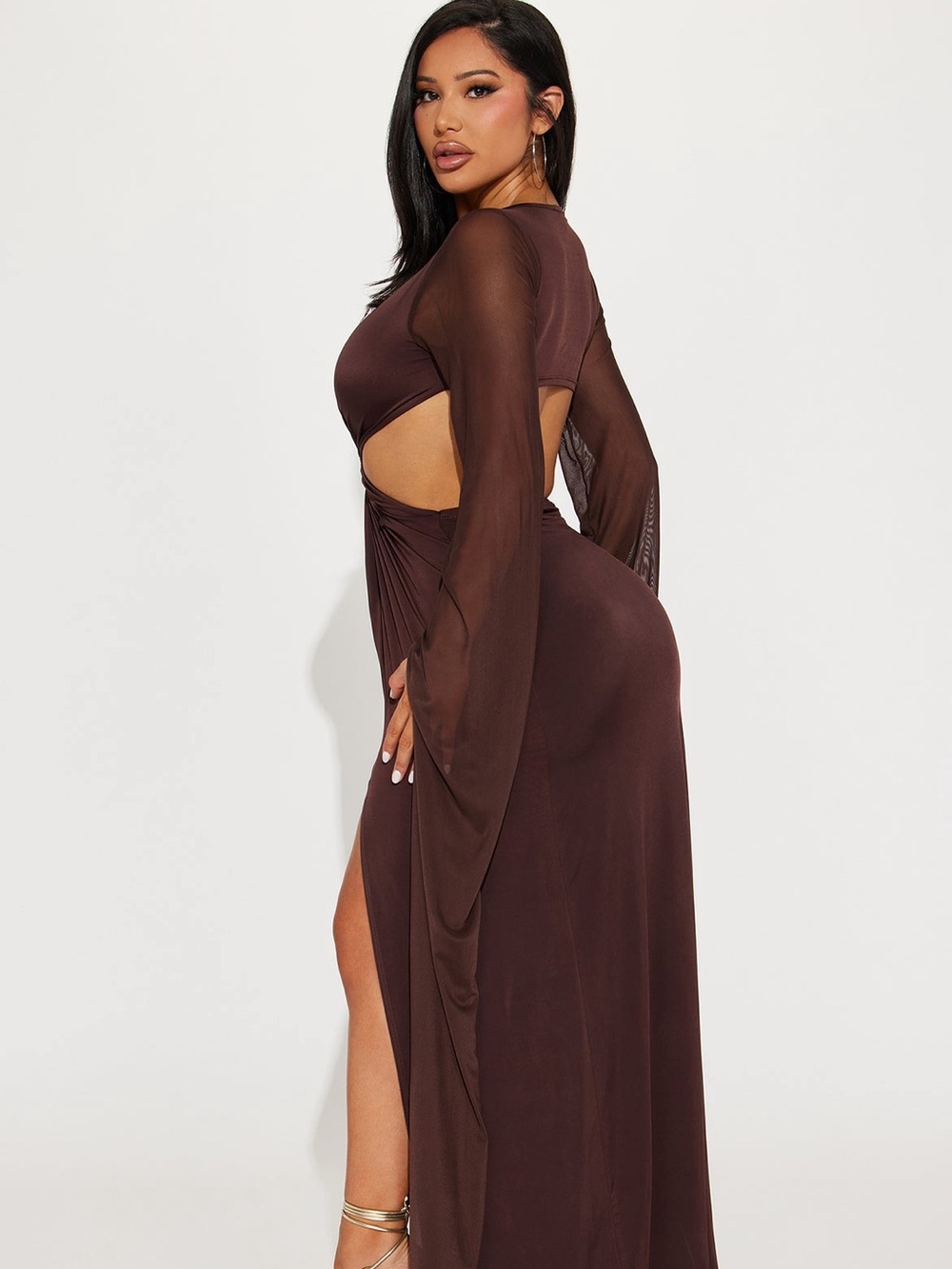 Fashion Nova Sarah Long Sleeve Maxi - Chocolate Brown Ring-Cutout Maxi Dress - Picture 2 of 9